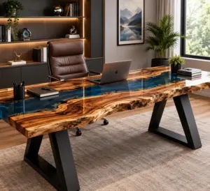 Live Edge Walnut Wood Executive Desk with Decorative Resin Inlay