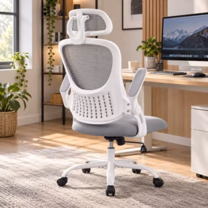 Ergonomic White Mesh Office Chair with Adjustable Headrest